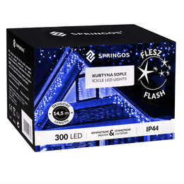Kurtyna świetlna 300 led girlanda, lampki wewnętrzno-zewnętrzne 14,5 m sople niebieski z zimnym białym flash