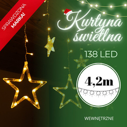 Kurtyna świetlna 138 Led girlanda gwiazdki, lampki wewnętrzne sople ciepły biały