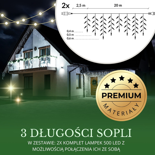 Kurtyna świetlna 1000 led girlanda, lampki wewnętrzno-zewnętrzne sople zimny biały z flash