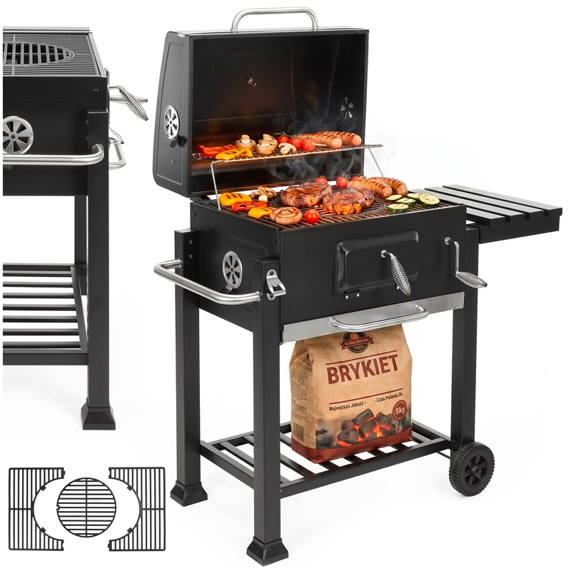 Grill węglowy, ogrodowy z pokrywą, termometr, ruszt emaliowany