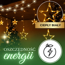 Kurtyna świetlna 138 Led girlanda gwiazdki, lampki wewnętrzne sople ciepły biały