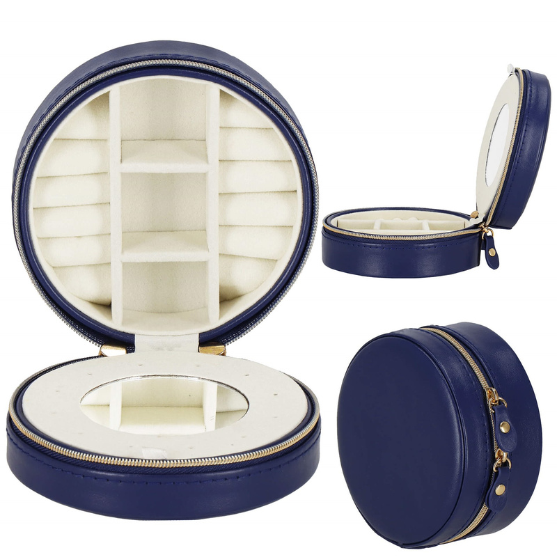 Szkatułka na biżuterię okrągła 11x5 cm granatowy organizer z przegródkami ekoskóra