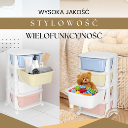 Regał na zabawki z 4 szufladami, pojemnik na kółkach, mobilny orgaznizer pastelowy