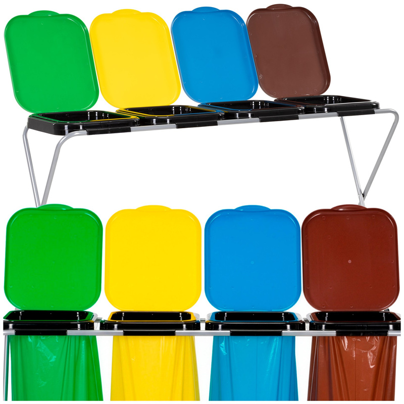 Stojak na worki na śmieci 4 komory kosz do segregacji odpadów, stelaż z pokrywami