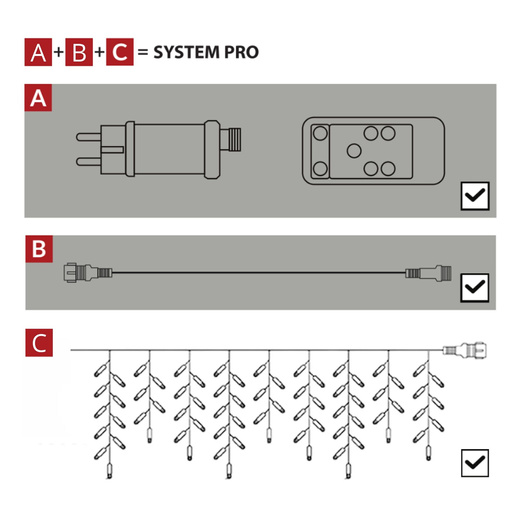Kurtyna świetlna PRO 50 LED sople 2,5m IP65 lampki zewnętrzne ciepły biały + zimny biały flash, pilot z funkcją timer
