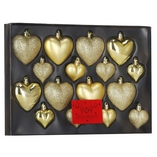 Bombki choinkowe 16 szt. zestaw dekoracji świątecznych, nietłukące, serca, złote