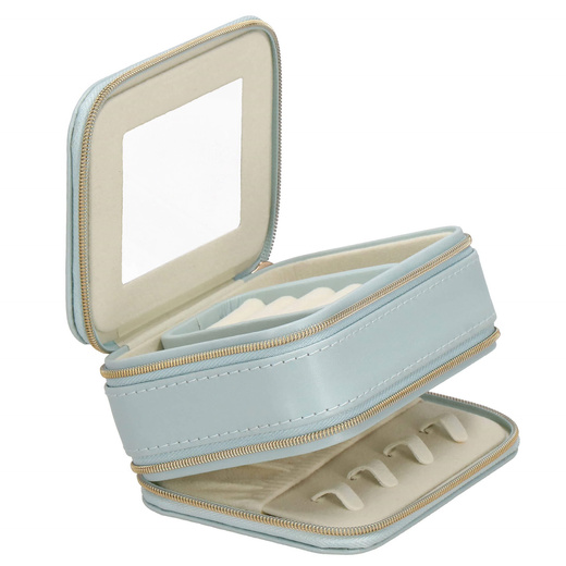 Szkatułka na biżuterię ekoskóra 11,5x8,5x5,5 cm błękitny organizer z przegródkami i lusterkiem