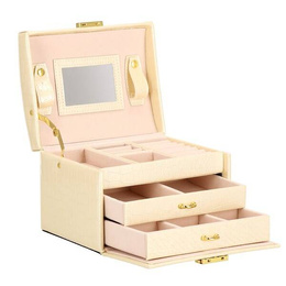 Szkatułka na biżuterię ekoskóra 17,5x14x12,5 cm ecru organizer z przegródkami