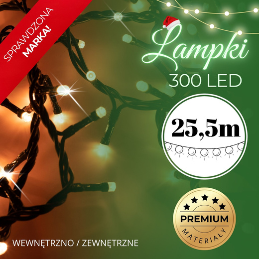 Lampki choinkowe 300 led biały ciepły, flash biały zimny 25,5 m oświetlenie świąteczne IP44