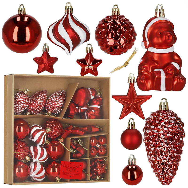 Bombki choinkowe 47 szt. zestaw dekoracji świątecznych, nietłukące, czerwony, złoty, biały