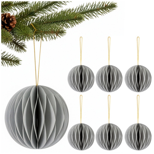 Papierowe bombki 6 szt. zawieszki choinkowe, ozdoby świąteczne 8 cm rozkładane, szary