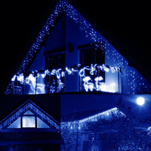 Kurtyna świetlna 300 led girlanda, lampki wewnętrzno-zewnętrzne 14,5 m sople niebieski z zimnym białym flash