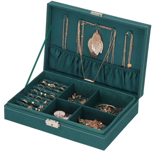 Szkatułka na biżuterię 28x19,5x7 cm zielony welurowy organizer z przegródkami