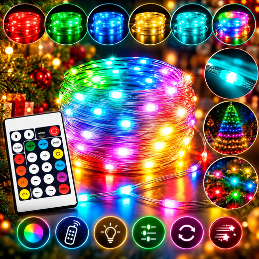 Lampki świąteczne, choinkowe Smart LED 5 m 50 diod pilot, sterowanie Bluetooth, zewnętrzne IP44 funkcja zmiany kolorów, multikolor