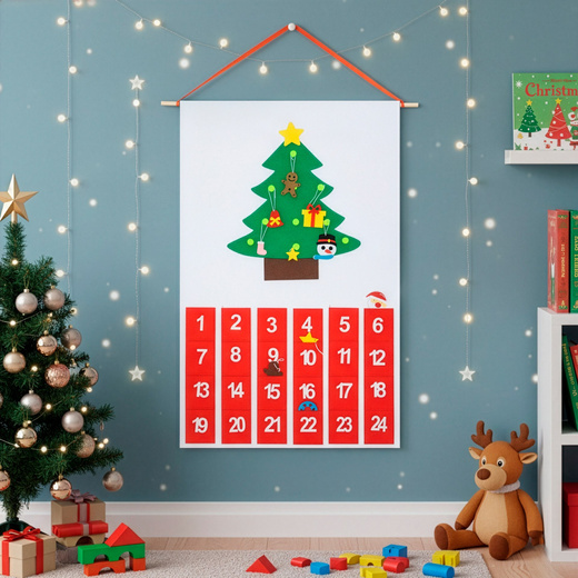 Kalendarz adwentowy, wiszący z 24 przegródkami, 10 zawieszek na choinkę, multikolor