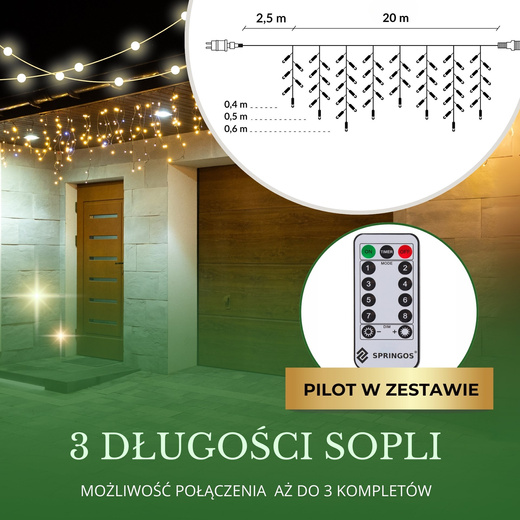 Kurtyna świetlna 500 led girlanda, lampki wewnętrzno-zewnętrzne sople biały zimny biały + ciepły biały flash