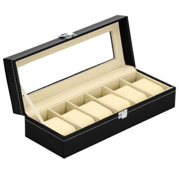 Szkatułka na zegarki 30x11x8 cm czarno-kremowy, ekoskóra organizer z przegródkami i okienkiem