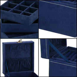 Szkatułka na biżuterię ekoskóra 12x12x12 cm granatowy, welurowy organizer z przegródkami