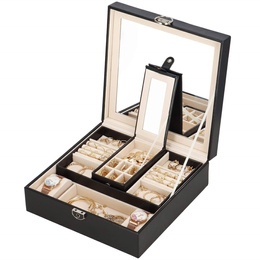 Szkatułka na biżuterię ekoskóra 25 x 25 x 8,5 cm czarny organizer z przegródkami i lusterkiem