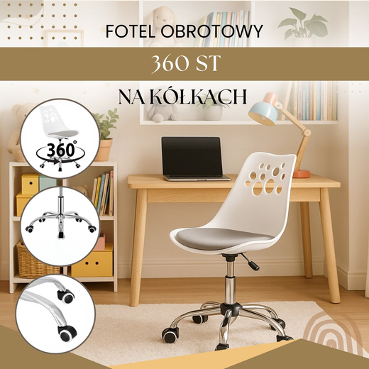 Fotel dziecięcy do biurka, obrotowe krzesło na kółkach regulowane dla dzieci do nauki, biało-szare
