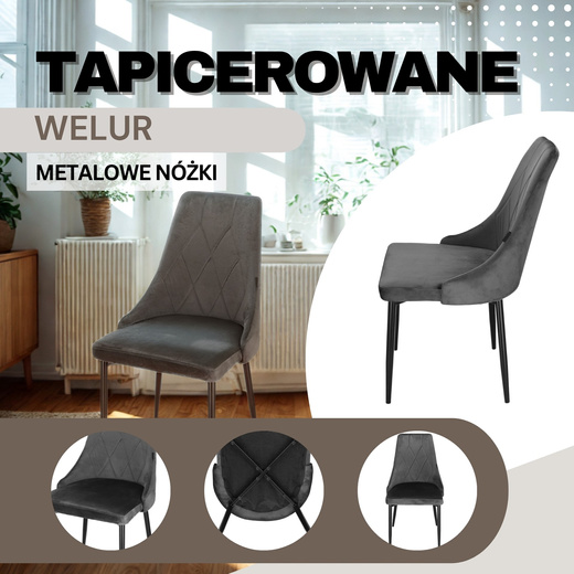 Krzesło welurowe, tapicerowane do kuchni, salonu, jadalni, zestaw 4 szt. krzesła loft ciemnoszare