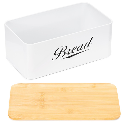 Chlebak metalowy, zamykany z bambusową deską, pojemnik na pieczywo, biały