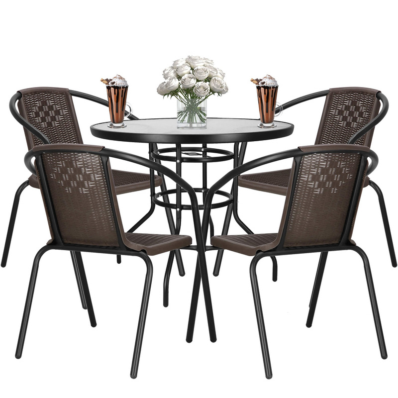 Meble tarasowe stolik kawowy ze szkła hartowanego, 4 krzesła metalowe do ogrodu czarno-brązowe