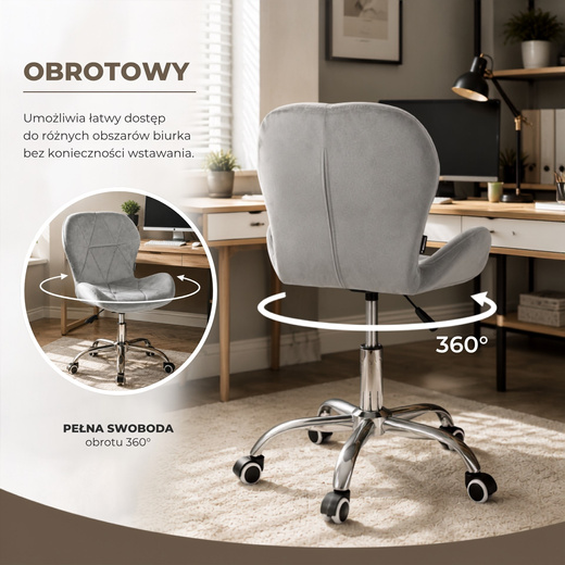 Fotel biurowy obrotowy krzesło na kółkach, do nauki, pracy przed komputerem szary