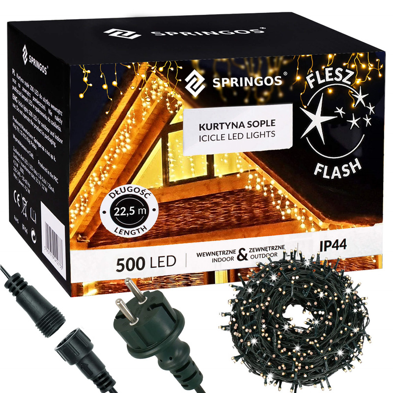 Kurtyna świetlna 500 led girlanda, lampki zewnętrzne sople ciepły biały + flash