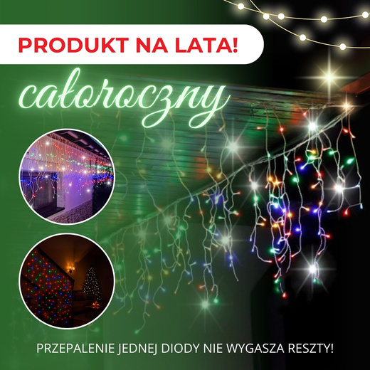 Kurtyna świetlna 500 led girlanda, lampki wewnętrzno-zewnętrzne sople multikolor z zimnym białym flash