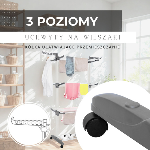 Suszarka na pranie pionowa na kółkach 170x75,5x57 cm składana na ubrania, bieliznę