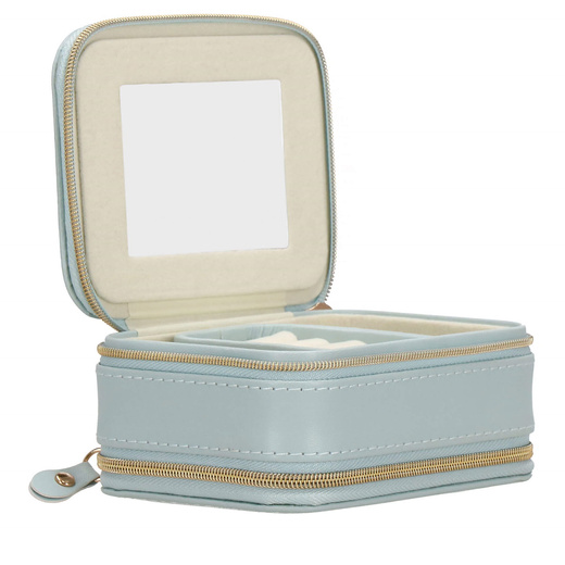 Szkatułka na biżuterię ekoskóra 11,5x8,5x5,5 cm błękitny organizer z przegródkami i lusterkiem