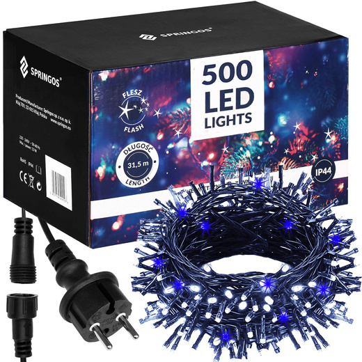 Lampki choinkowe 500 led biały zimny + niebieski flash 31,5 m oświetlenie świąteczne IP44