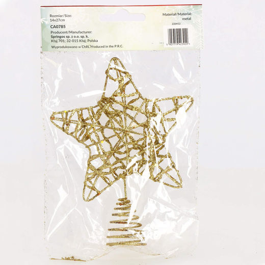 Zawieszka choinkowa złota gwiazdka na czubek choinki brokatowa