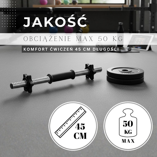 Gryf krótki 45 cm do hantli z zaciskami zestaw 2 szt. gwintowane 25 mm stal chromowana