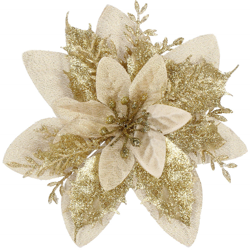 Gwiazda betlejemska, sztuczny kwiat, poinsecja kremowo-złota z brokatem na klipsie