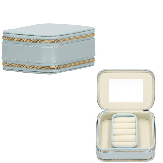Szkatułka na biżuterię ekoskóra 11,5x8,5x5,5 cm błękitny organizer z przegródkami i lusterkiem