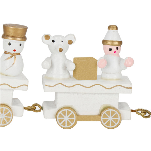 Drewniany pociąg z wagonikami, dekoracja, ozdoba świąteczna, wystrój wnętrz biało-złoty