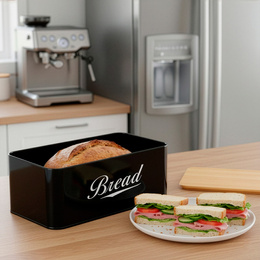 Chlebak metalowy, zamykany z bambusową deską, pojemnik na pieczywo, czarny