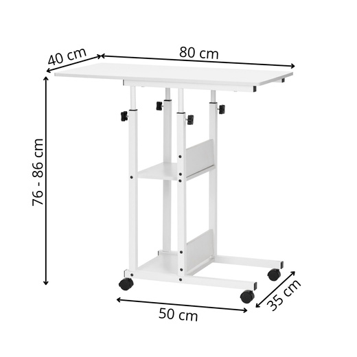 Stolik na kółkach regulowany 76-86 cm biurko mobilne pod laptopa biały