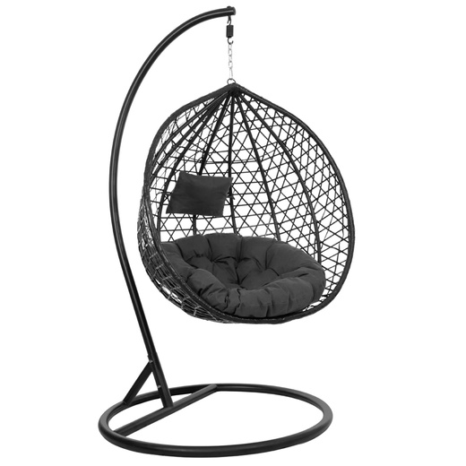 Kokon ogrodowy rattanowy z poduszkami fotel wiszący bujak huśtawka na metalowym stelażu czarna