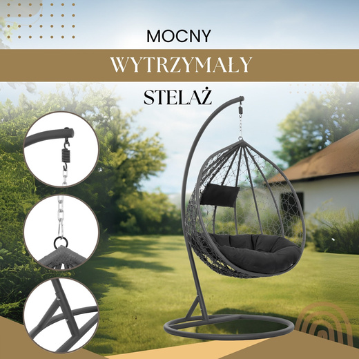 Kokon ogrodowy rattanowy z poduszkami fotel wiszący bujak huśtawka na metalowym stelażu szara