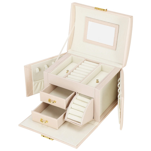Szkatułka na biżuterię ekoskóra 17,5x12x13,5 cm jasny różowy organizer z przegródkami