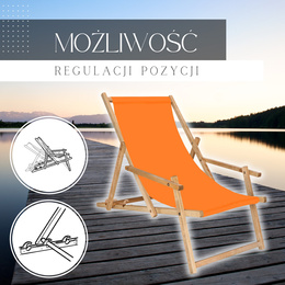 Leżak ogrodowy z podłokietnikami, drewniany z 3-stopniową regulacją, plażowy, pomarańczowy
