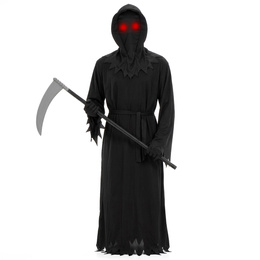 Przebranie na Halloween 146/152 cm strój śmierć, żniwiarz, kostium kostuchy, kosa, okulary LED