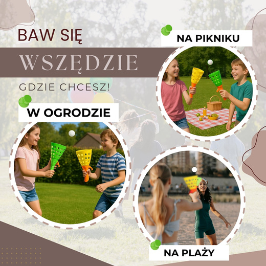 Gra zręcznościowa łapacz piłeczek, catch ball - rzuć i złap piłkę, 2 rękawice z wyrzutnią, 3 piłeczki