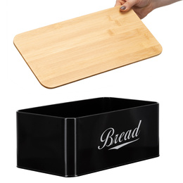 Chlebak metalowy, zamykany z bambusową deską, pojemnik na pieczywo, czarny