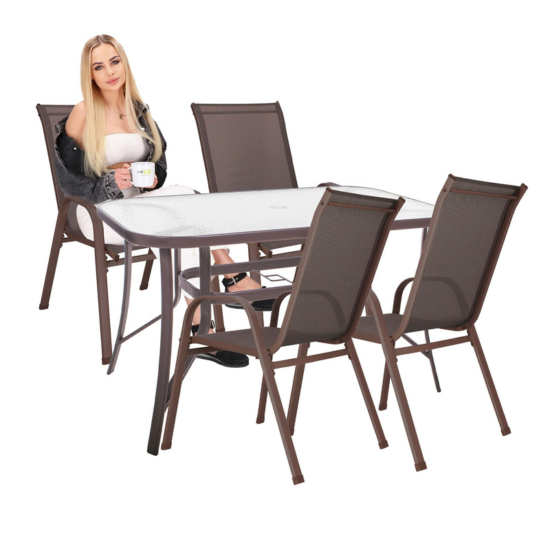 Meble ogrodowe 4 krzesła, stół ze szkłem hartowanym zestaw dla 4 osób brązowy