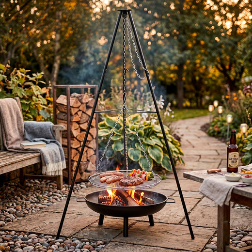 Grill ogniskowy, wiszący na stojaku z regulacją wysokości, palenisko, ruszt 50 cm