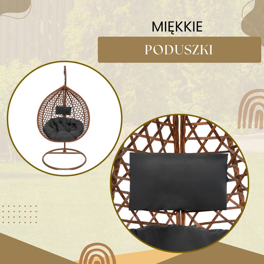 Kokon ogrodowy rattanowy z poduszkami fotel wiszący bujak huśtawka na metalowym stelażu brązowa